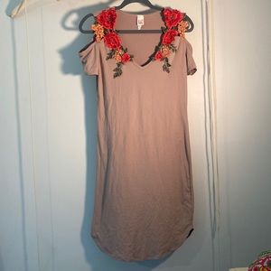 Tan Suede Dress with Cut Out Shoulders with Embroidered with Flowers Size Large
